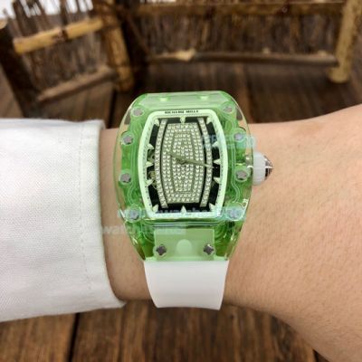 Swiss Replica Richard Mille RM07-02 Green Transparent Diamond Dial Watch White Rubber Strap